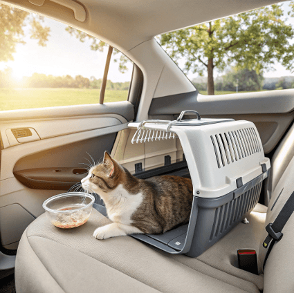 Gato viajando en transportín homologado colocado en el asiento trasero, cumpliendo normativa DGT 2025