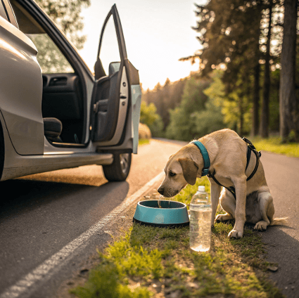 Perro bebiendo agua en una parada de carretera, ejemplo de buenas prácticas según la Ley de Bienestar Animal 2025
