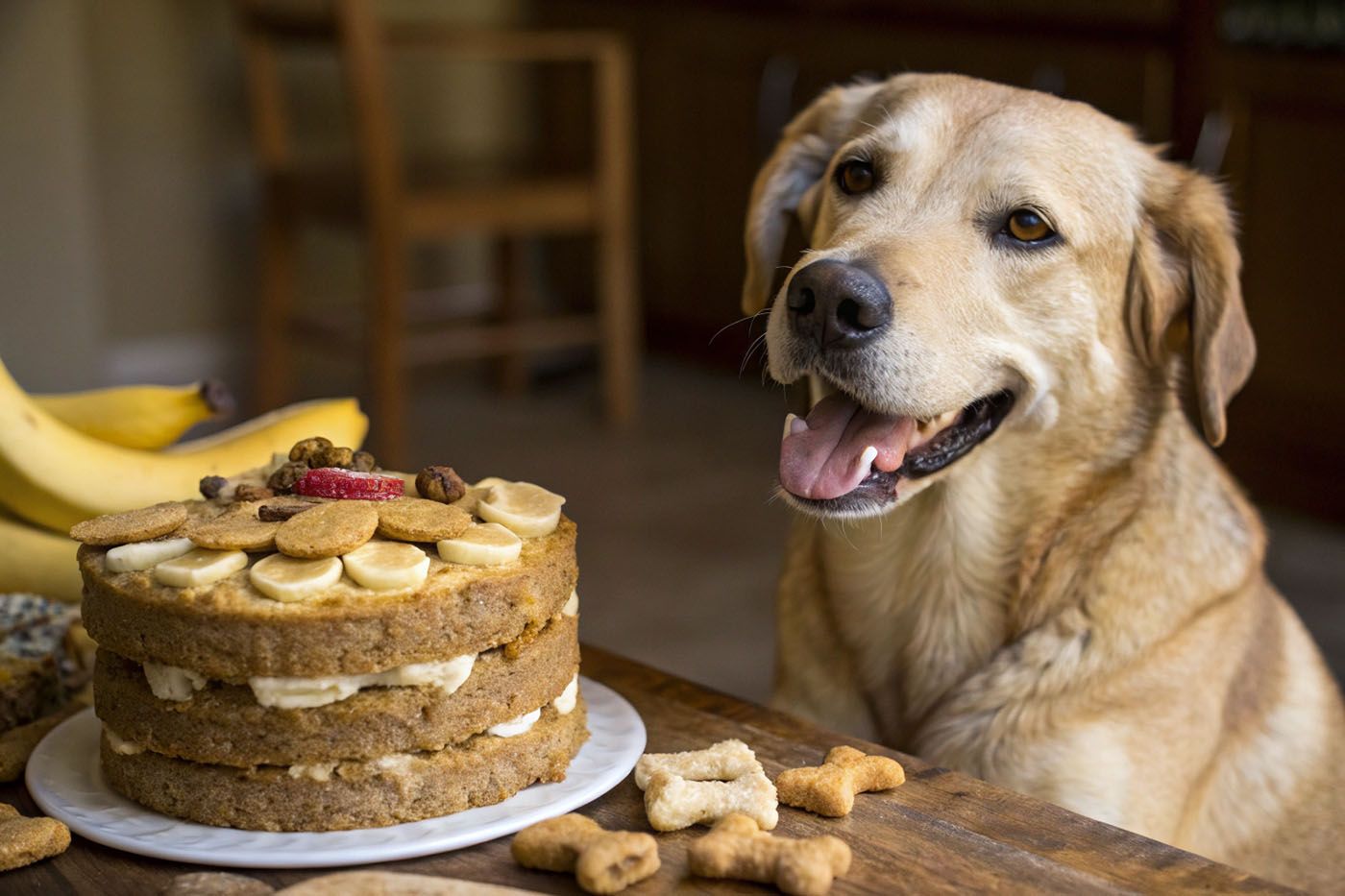Tarta casera para perros hecha con plátano, avena, yogur y decorada con galletas en forma de hueso, con un perro feliz a punto de probarla