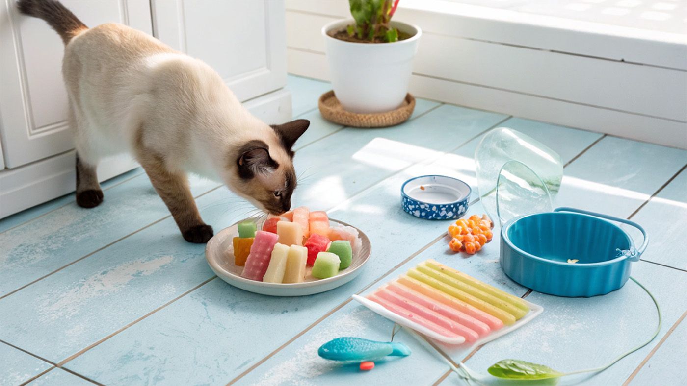 Gato siamés probando snacks veraniegos caseros y seguros, con hielo, yogur y fruta natural Gato siamés probando snacks veraniegos caseros y seguros, con hielo, yogur y fruta natural
