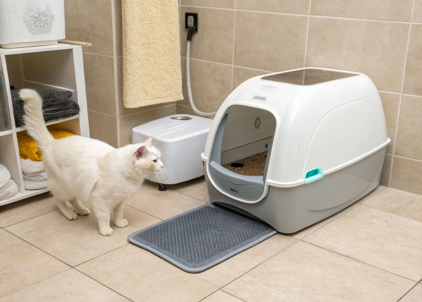 Gato blanco mirando curioso un arenero inteligente automático en un baño