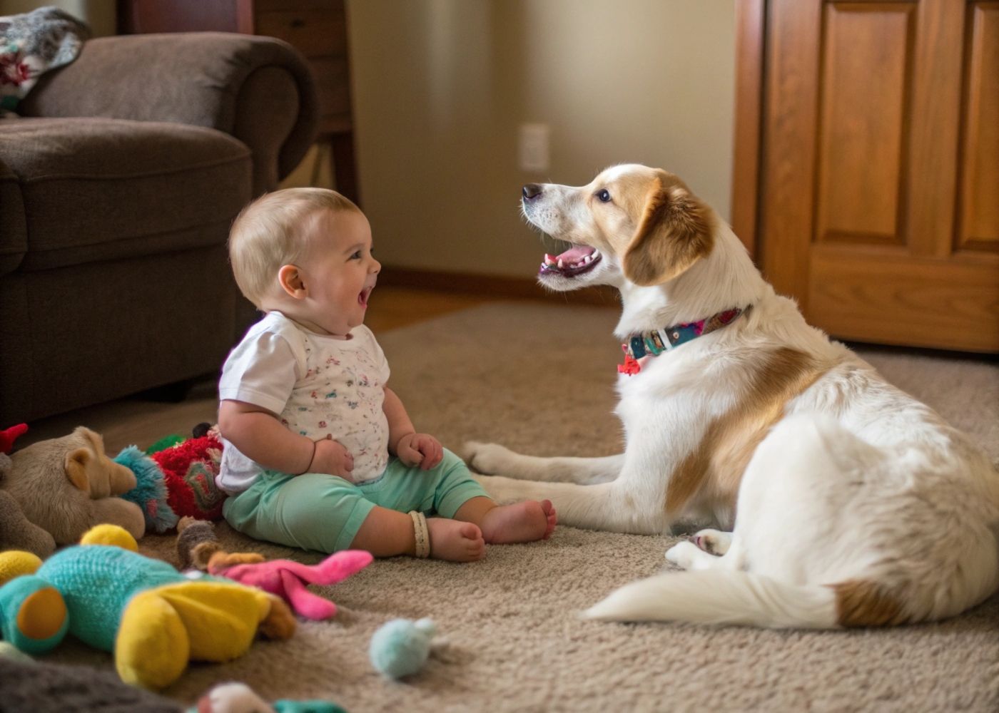 Bebé jugando con el perro de la familia en casa
