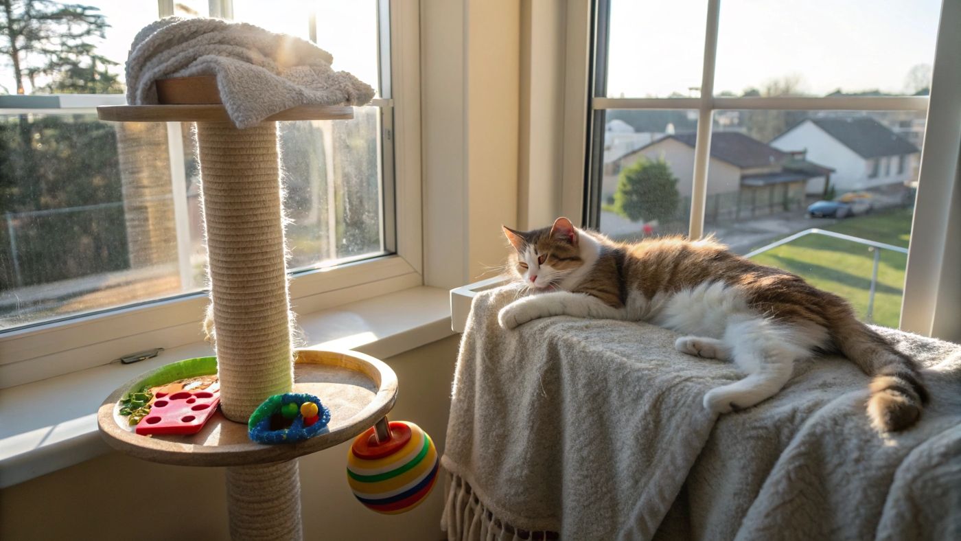 Gato adaptándose a la nueva rutina con juguetes y espacio tranquilo