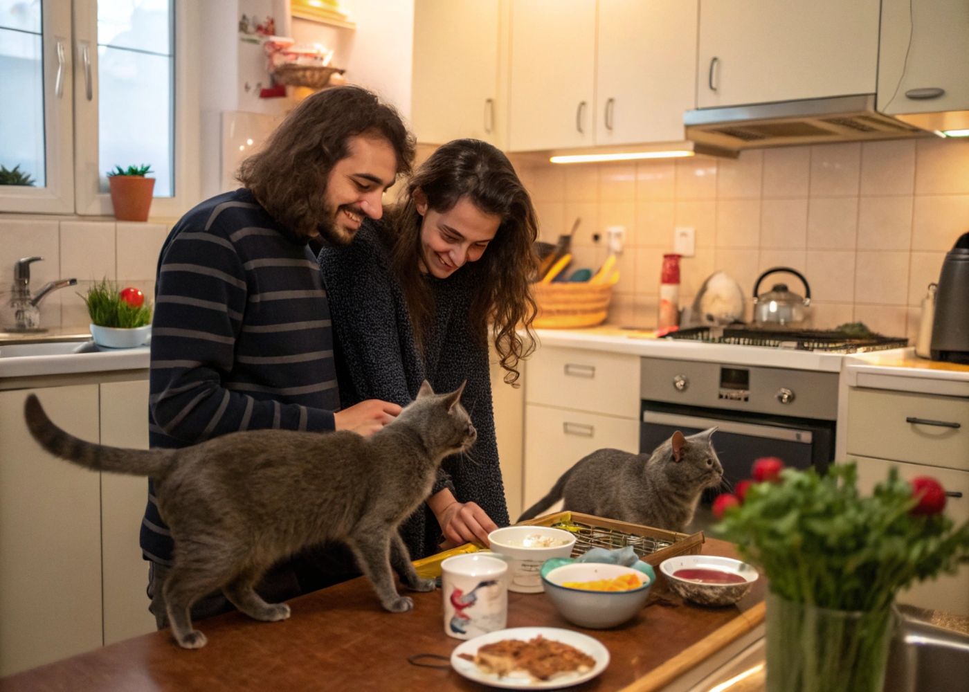 Pareja joven jugando con sus dos gatos en casa sin hijos