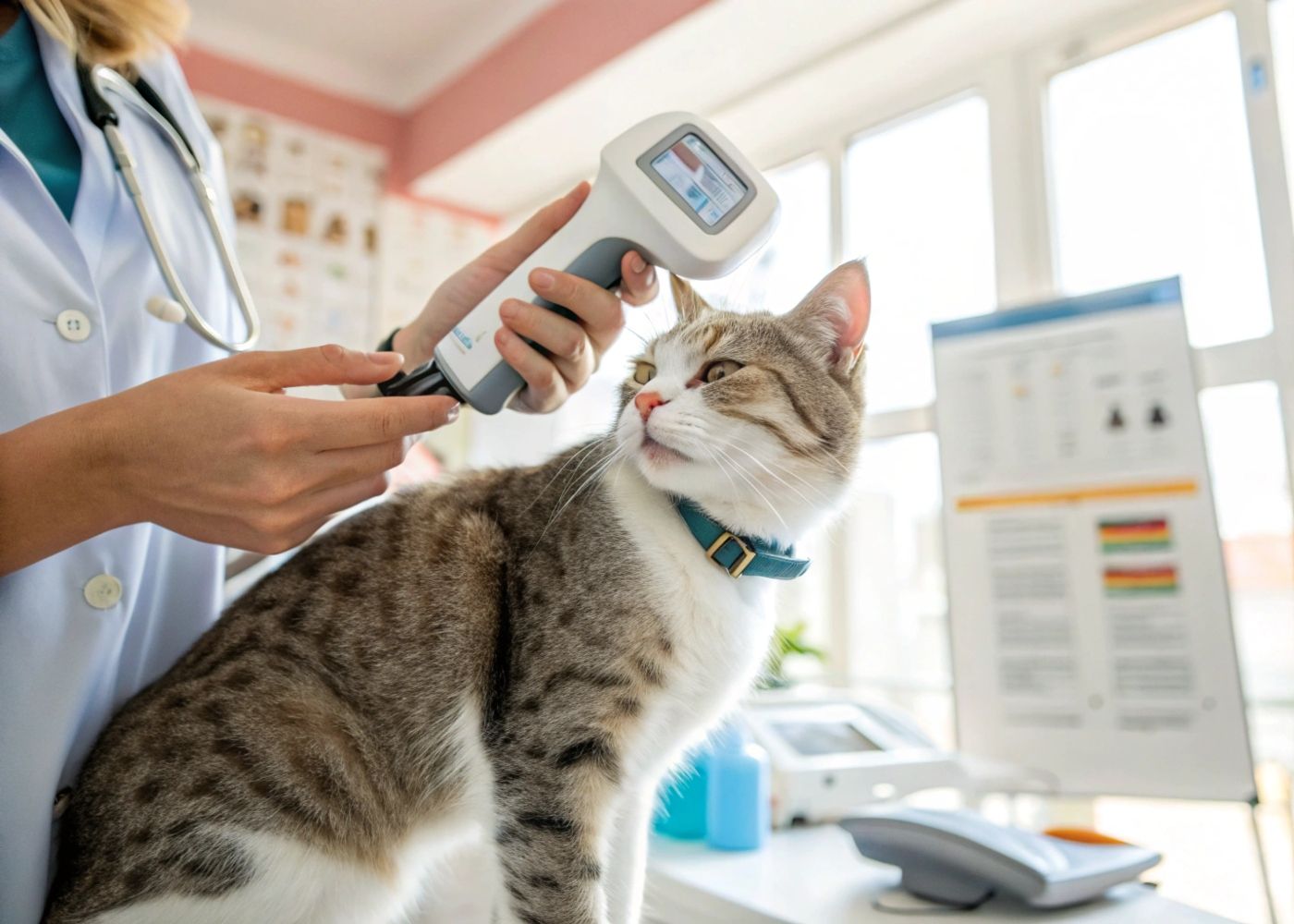 Veterinario escaneando el microchip de un gato según la Ley de Bienestar Animal en España Veterinario escaneando el microchip de un gato según la Ley de Bienestar Animal en España