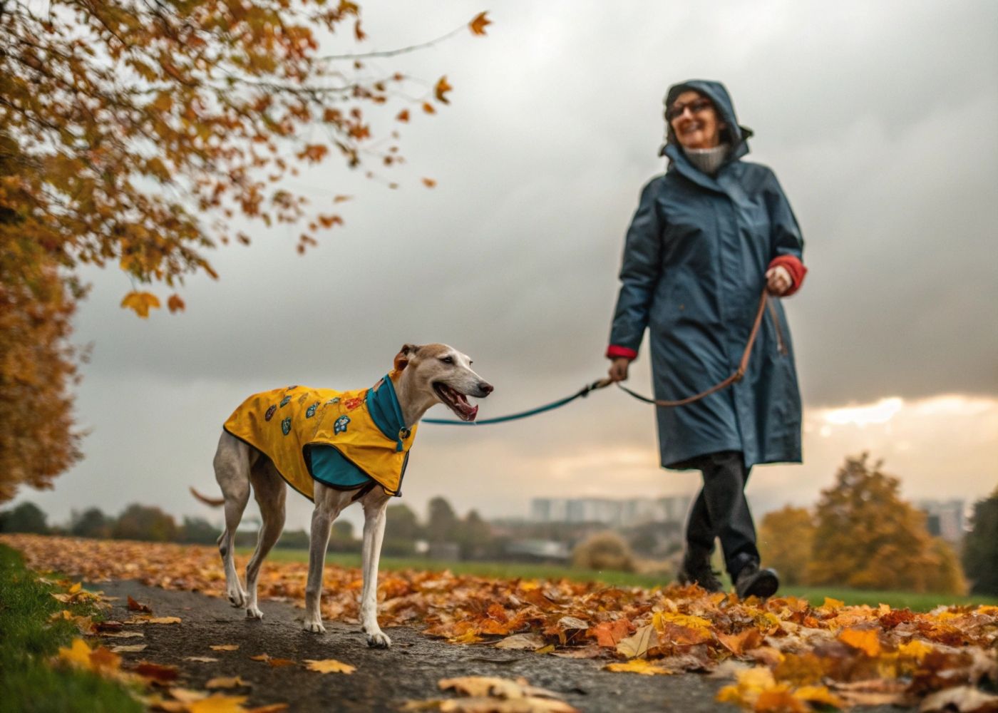 Un chequeo general al comienzo de la estación puede evitar sustos innecesarios. Galgo paseando con chubasquero en otoño